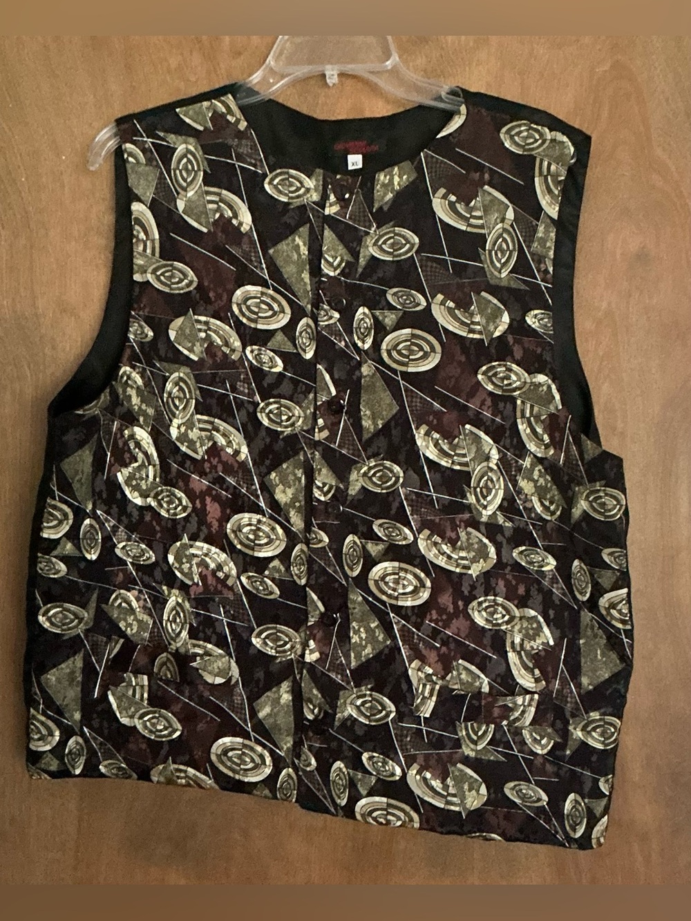 VTG Giovanni Sciarpa Waistcoat XL Brown Black Olive Geometric Patterns Retro Art